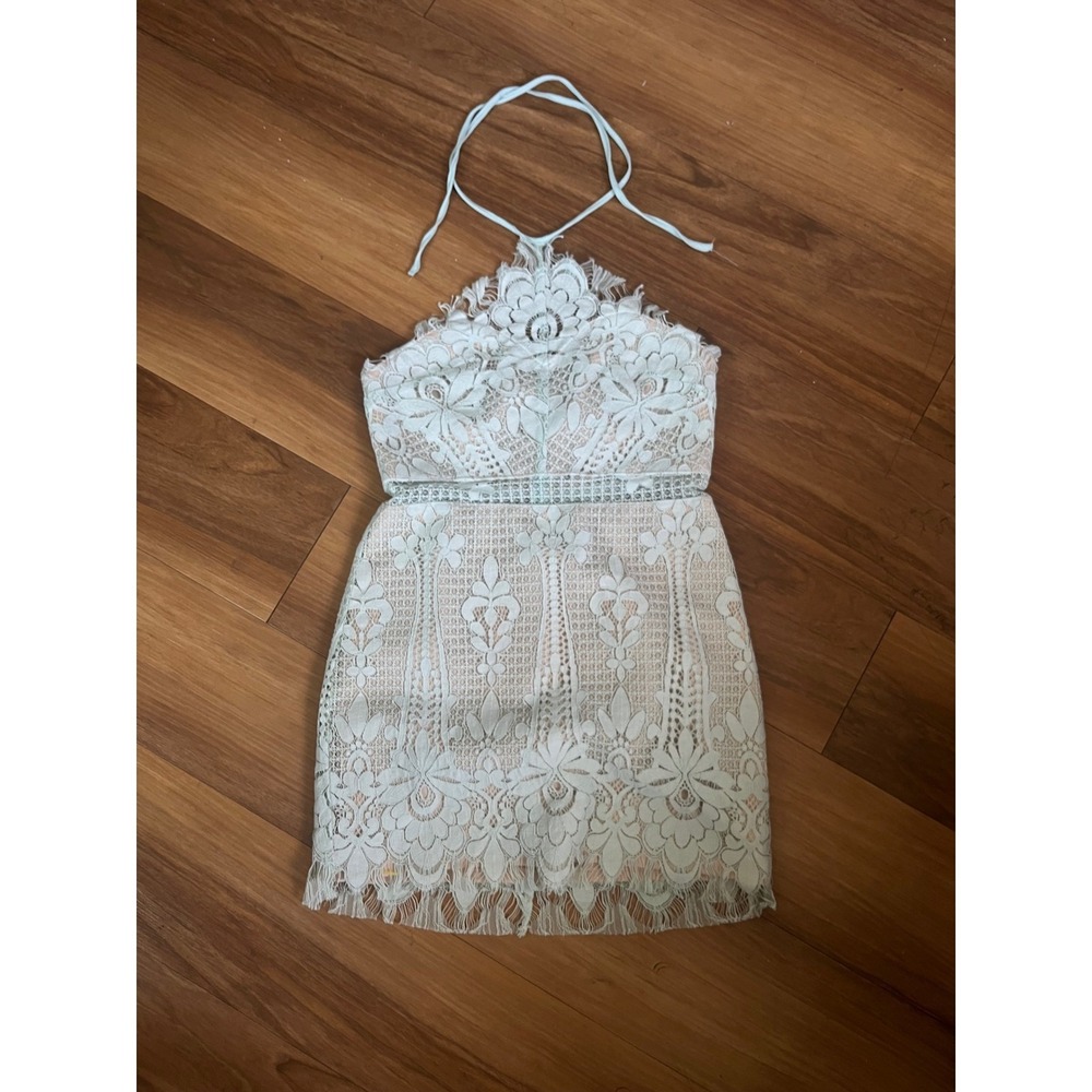 Blush Boutique Mint Green Floral Lace Halter Mini Dress Nude Lining Size S